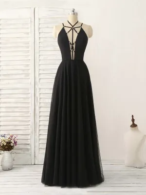 Black Tulle Backless Long Prom Dress, Black Evening Dress