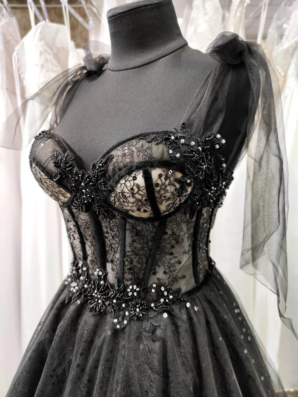 Black Tulle with Lace Straps Long Formal Dress Black Long Evening Dress Prom Dress