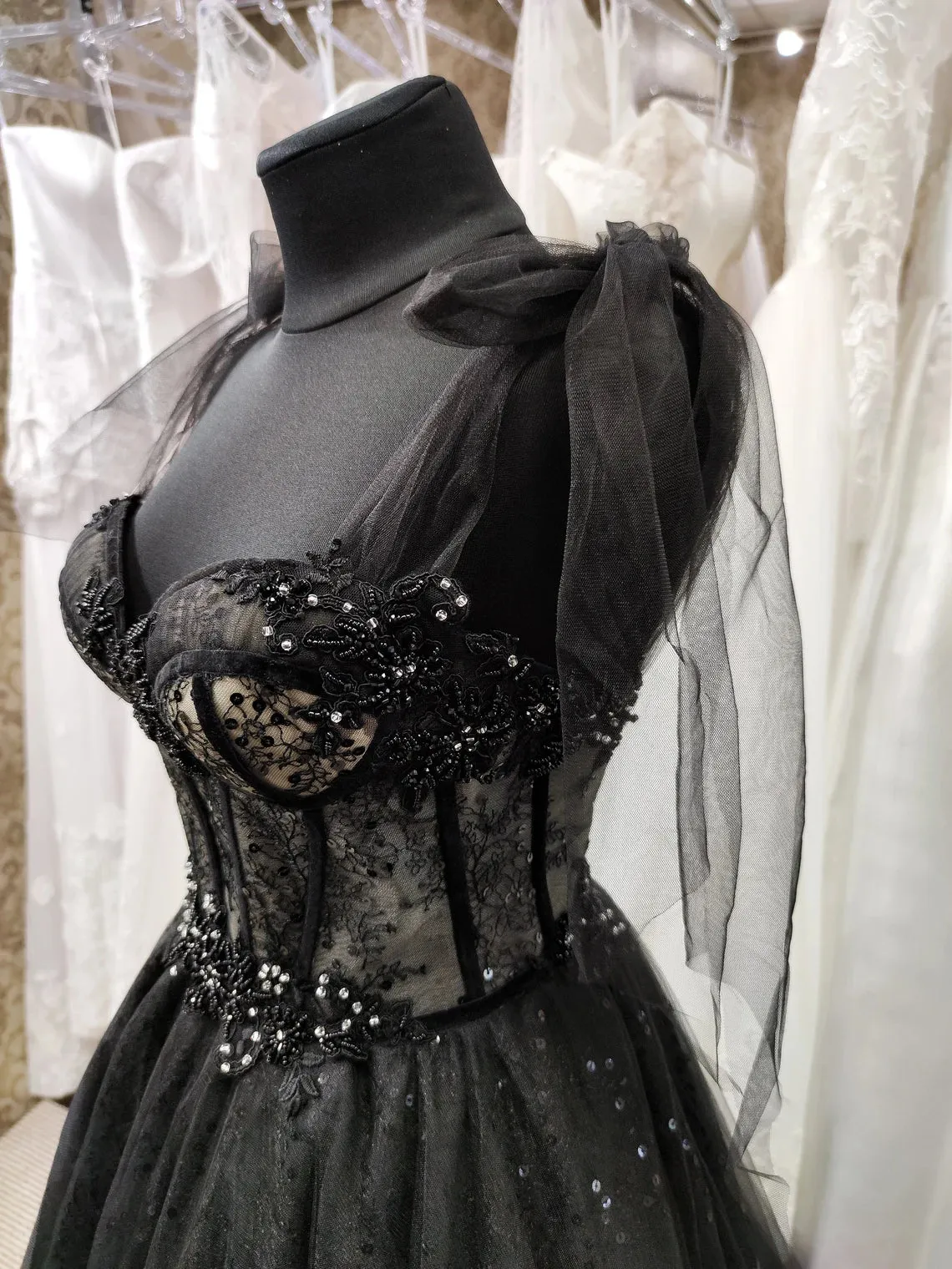 Black Tulle with Lace Straps Long Formal Dress Black Long Evening Dress Prom Dress