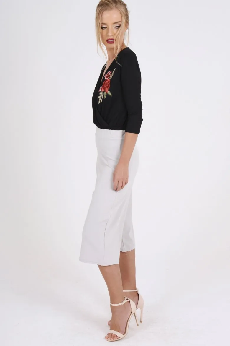 Black Wrap Around Embroidered Bodysuit - Roisin