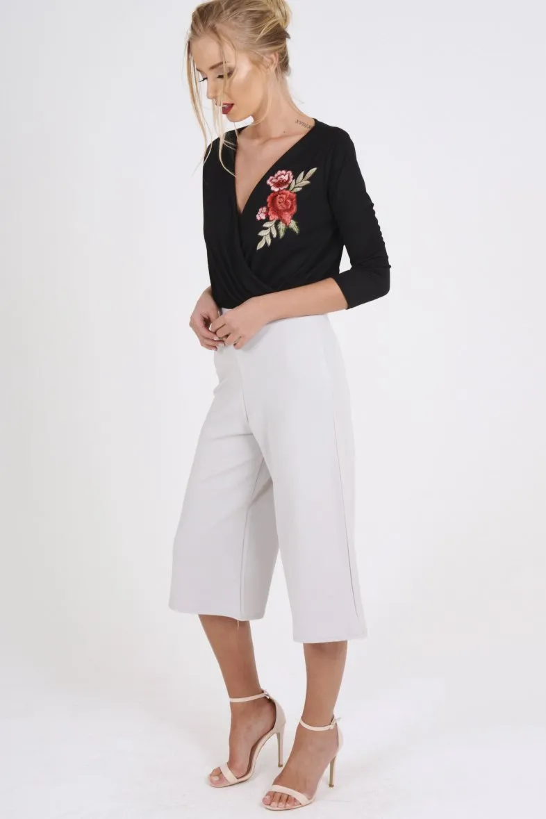 Black Wrap Around Embroidered Bodysuit - Roisin