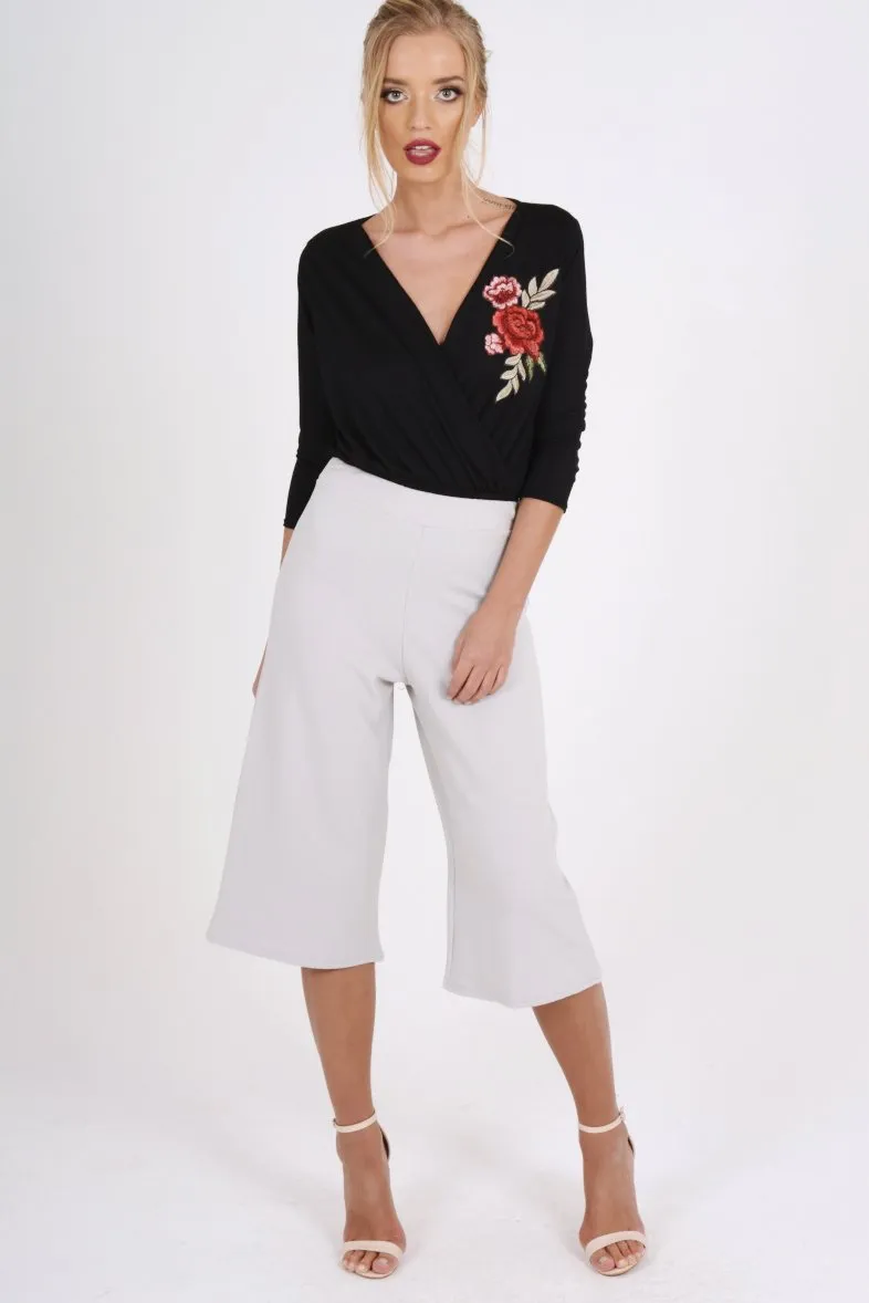 Black Wrap Around Embroidered Bodysuit - Roisin