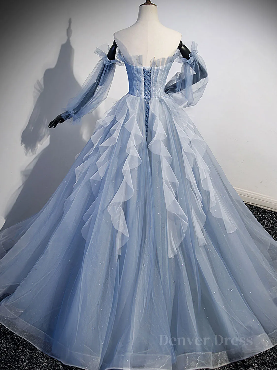 Blue A-Line Tulle Lace Long Prom Dresses Blue Formal Evening Dresses