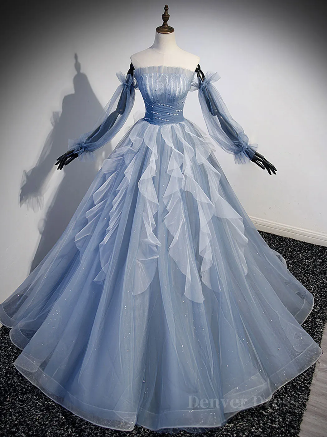 Blue A-Line Tulle Lace Long Prom Dresses Blue Formal Evening Dresses