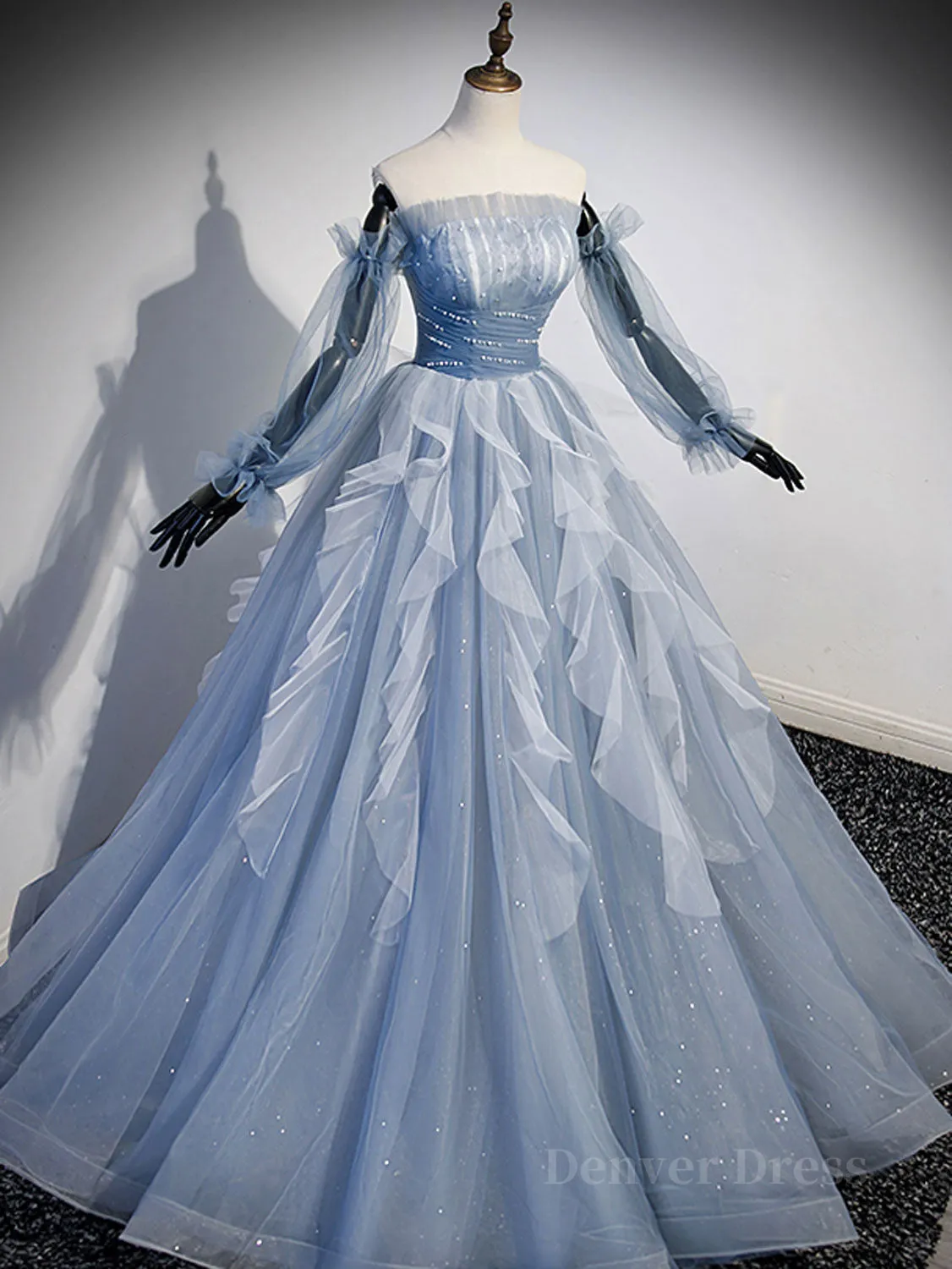 Blue A-Line Tulle Lace Long Prom Dresses Blue Formal Evening Dresses