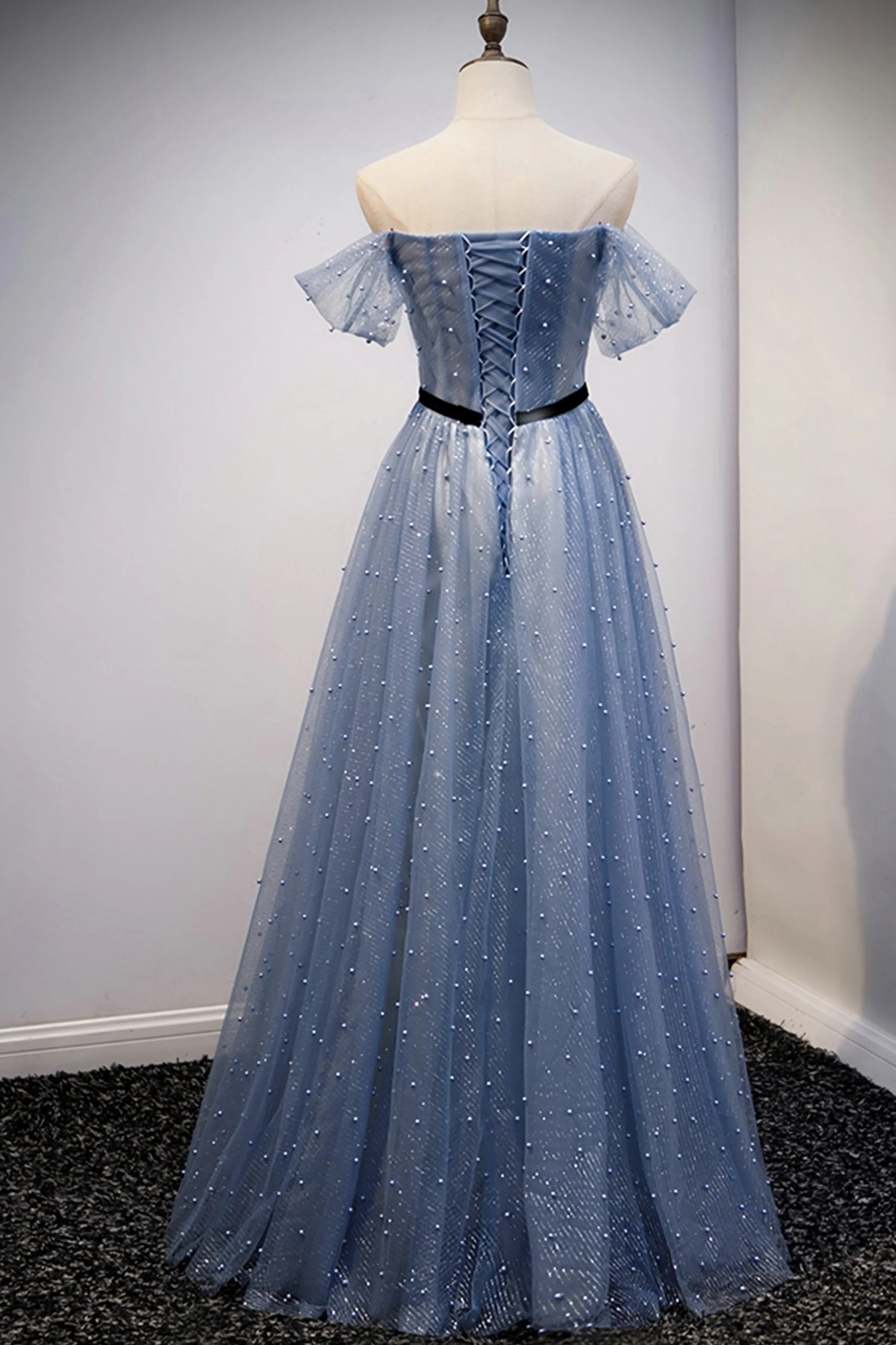 Blue Tulle Long A Line Prom Dress Evening Dress