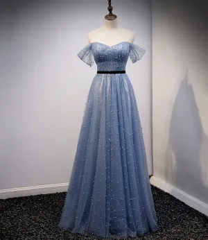 Blue Tulle Long A Line Prom Dress Evening Dress