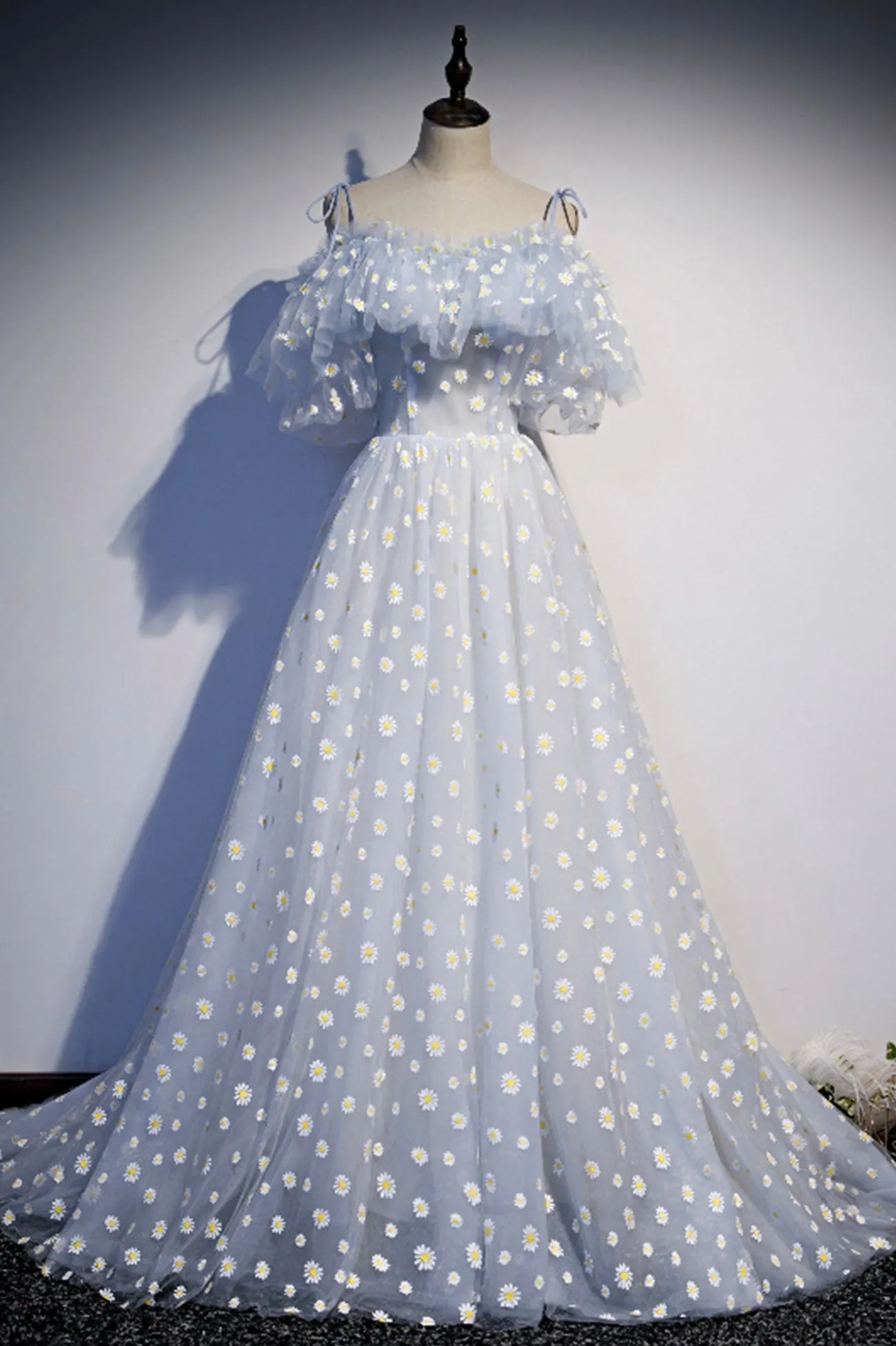 Blue Tulle Long Prom Dresses Cute A-Line Evening Dresses
