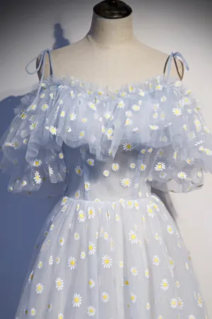 Blue Tulle Long Prom Dresses Cute A-Line Evening Dresses
