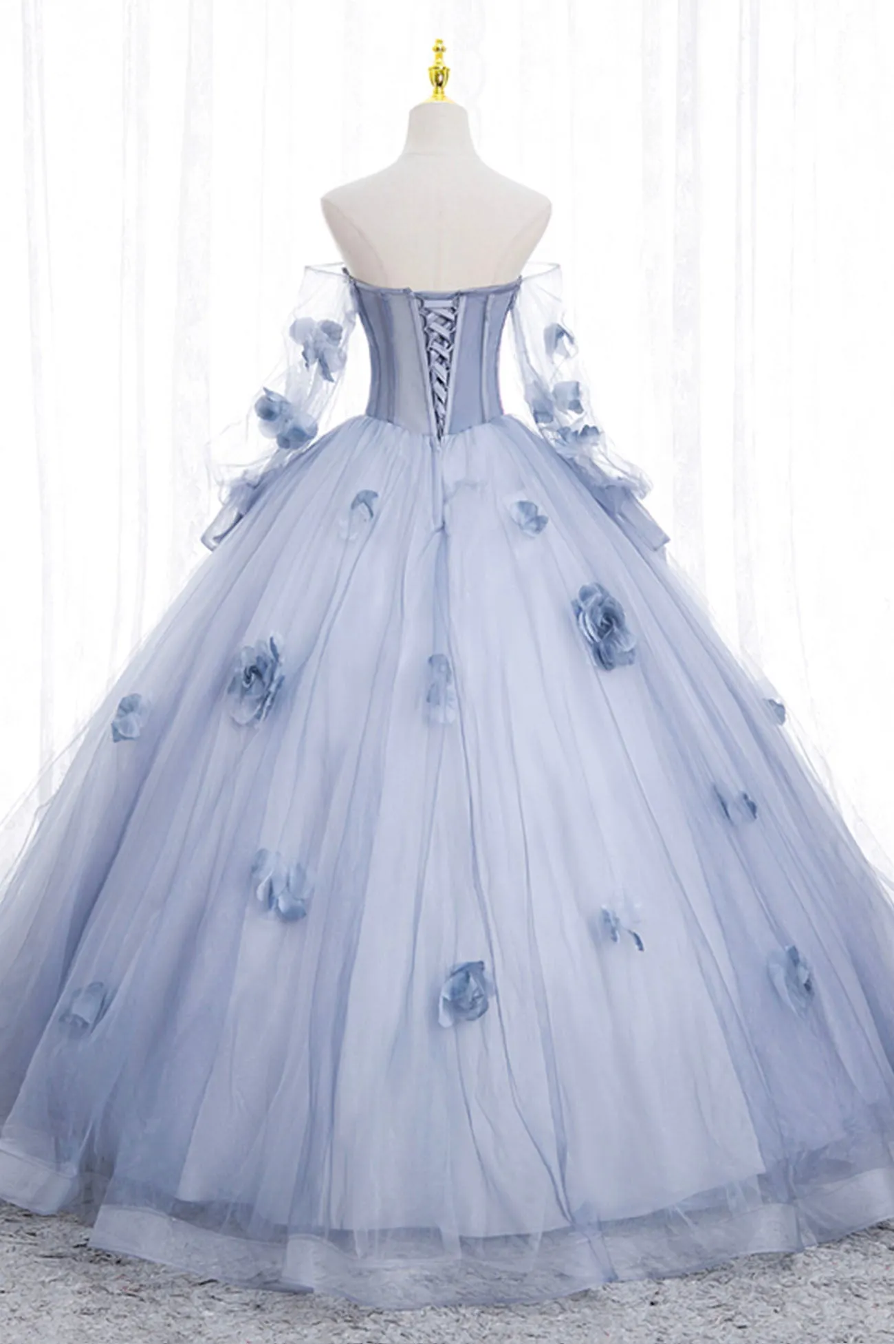 Blue Tulle Long Sleeve Prom Dress A-Line Off the Shoulder Evening Gown