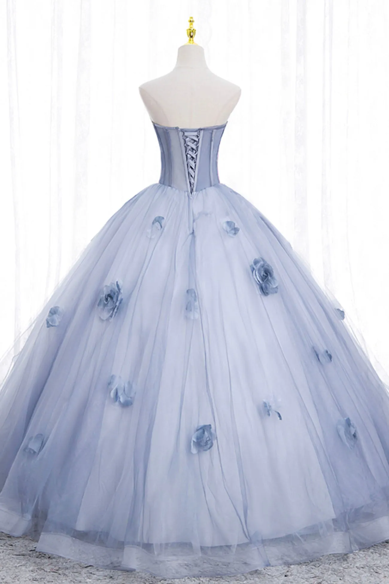 Blue Tulle Long Sleeve Prom Dress A-Line Off the Shoulder Evening Gown
