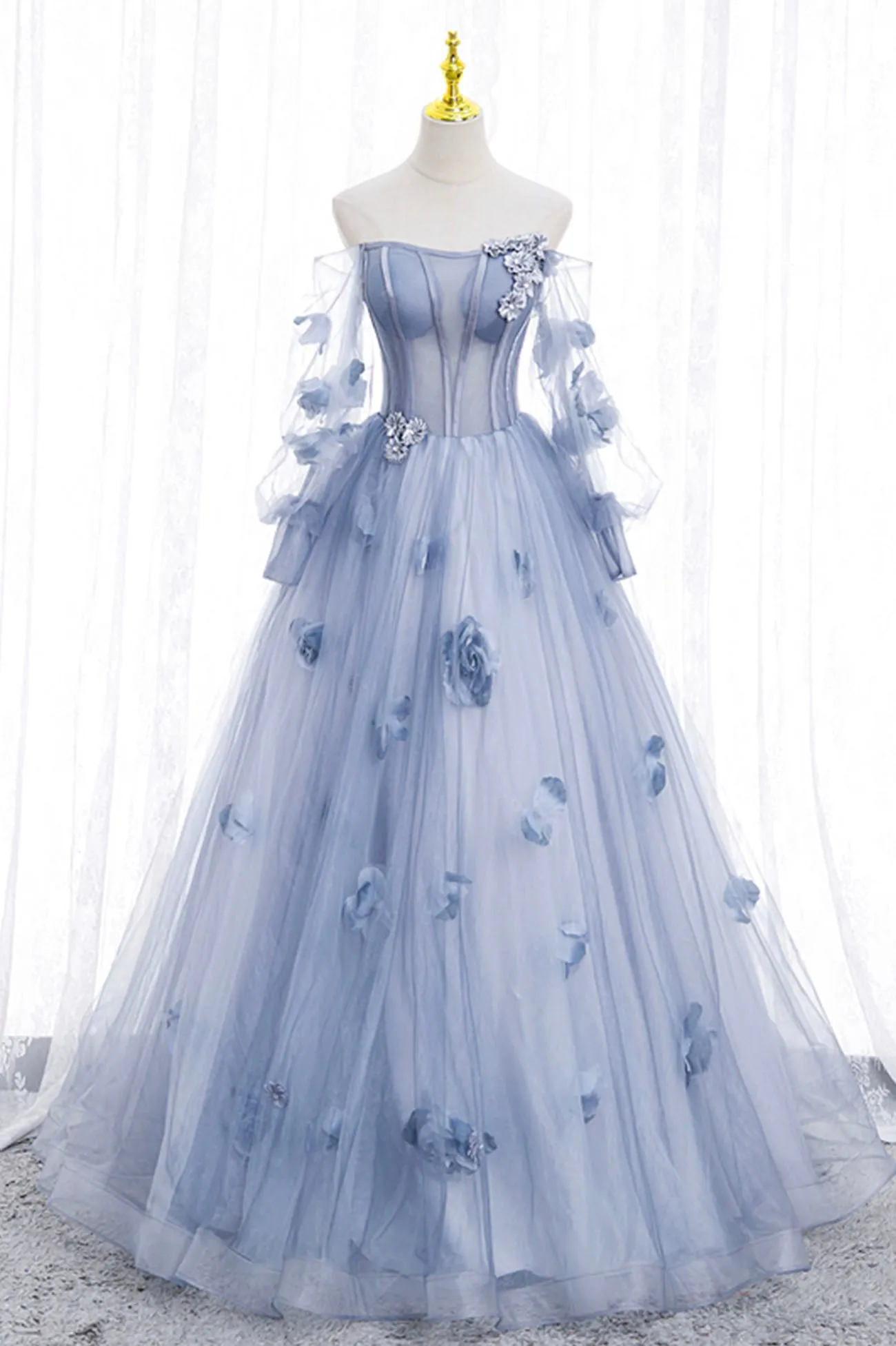 Blue Tulle Long Sleeve Prom Dress A-Line Off the Shoulder Evening Gown