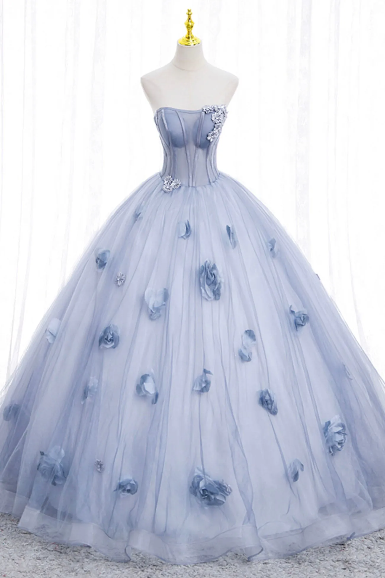 Blue Tulle Long Sleeve Prom Dress A-Line Off the Shoulder Evening Gown