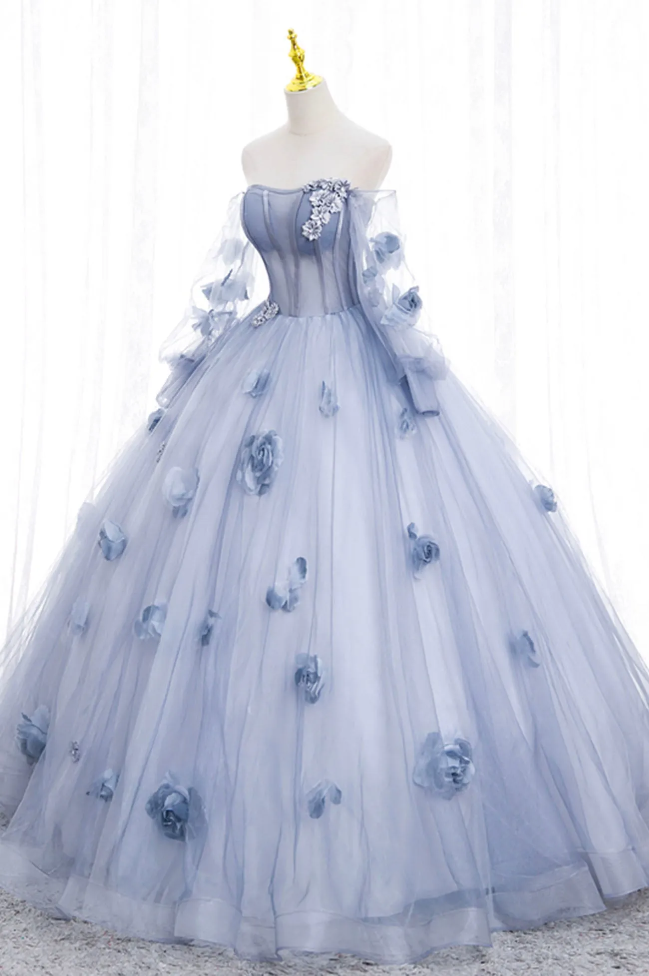 Blue Tulle Long Sleeve Prom Dress A-Line Off the Shoulder Evening Gown