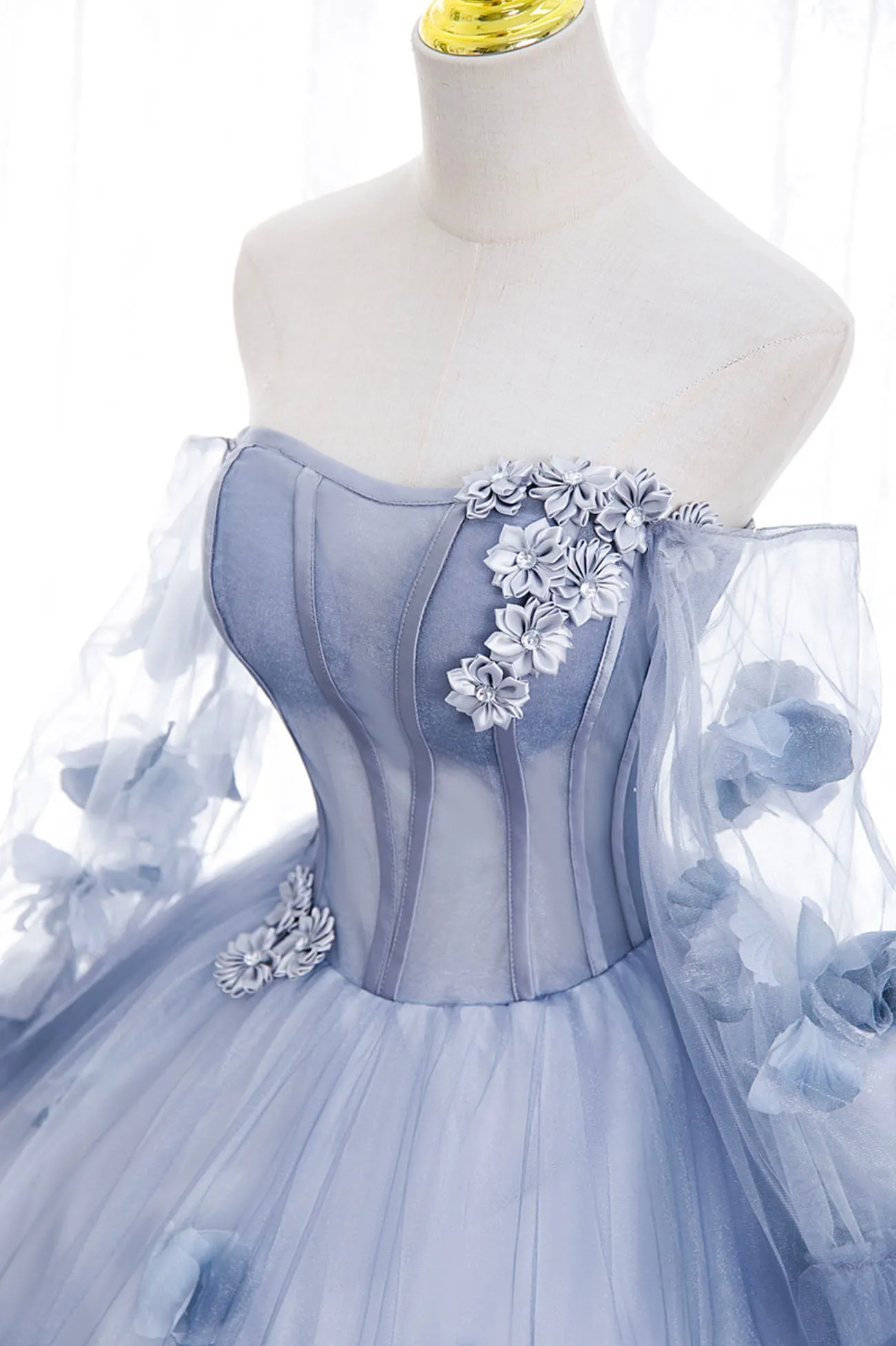 Blue Tulle Long Sleeve Prom Dress A-Line Off the Shoulder Evening Gown