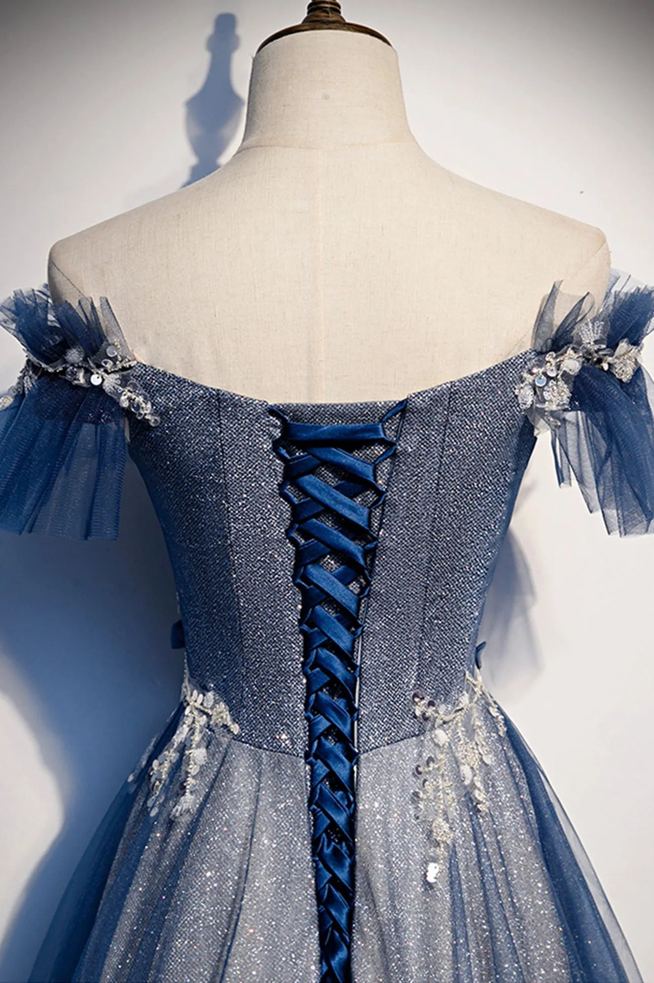 Blue Tulle Sequins Long Prom Dress A-Line Evening Dress