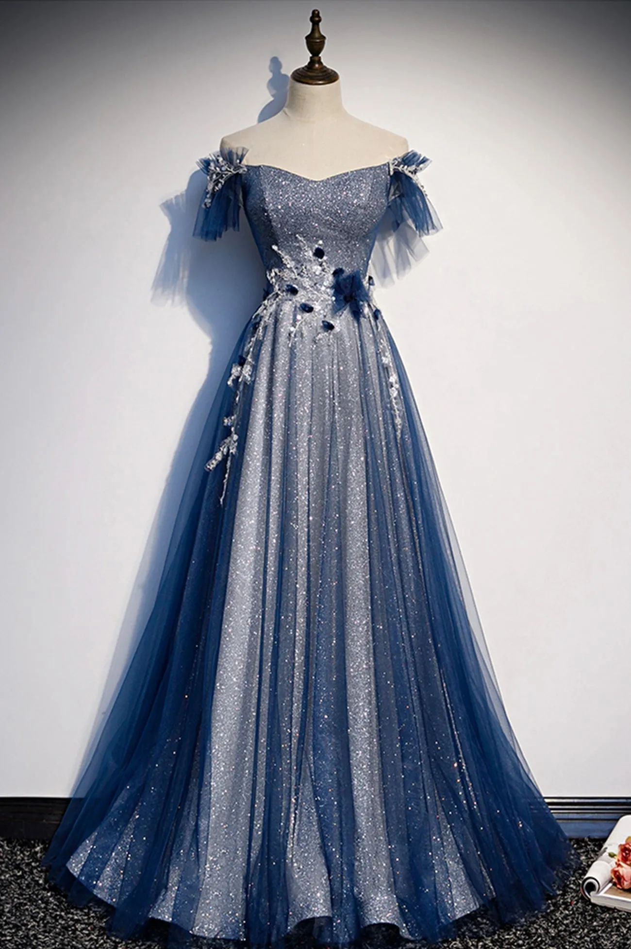 Blue Tulle Sequins Long Prom Dress A-Line Evening Dress