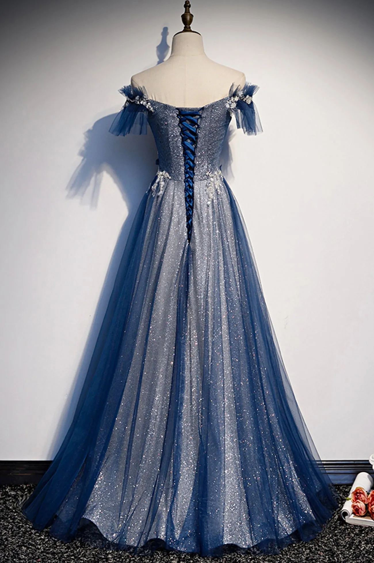 Blue Tulle Sequins Long Prom Dress A-Line Evening Dress