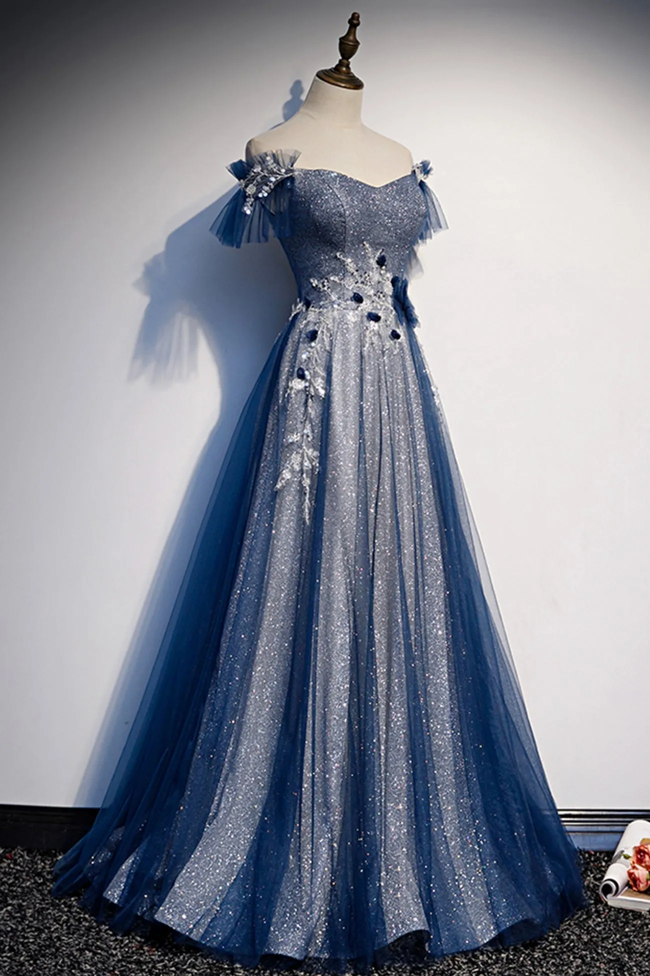 Blue Tulle Sequins Long Prom Dress A-Line Evening Dress
