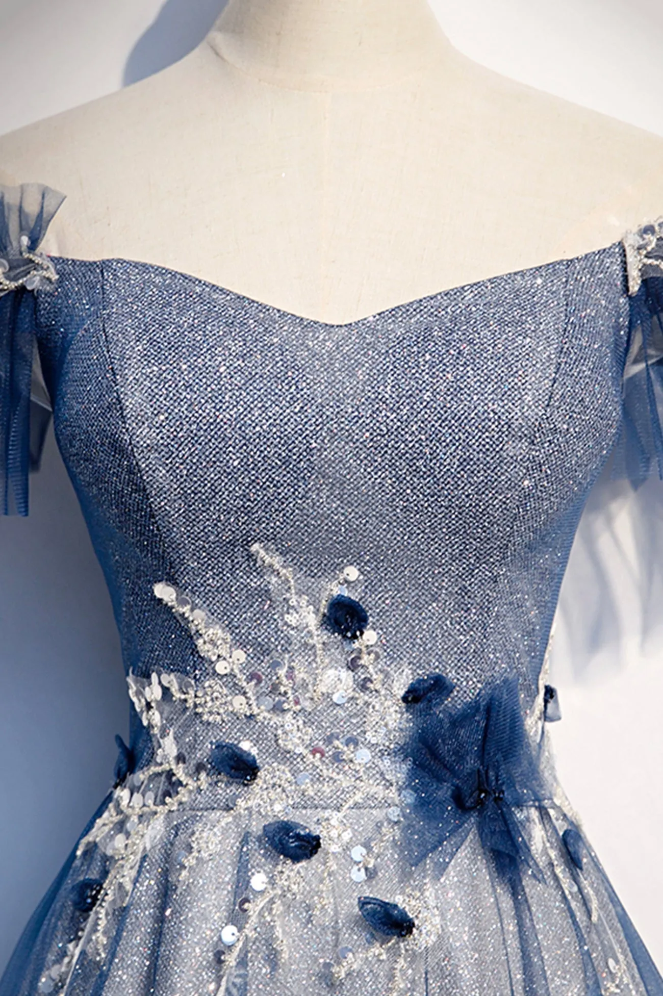 Blue Tulle Sequins Long Prom Dress A-Line Evening Dress