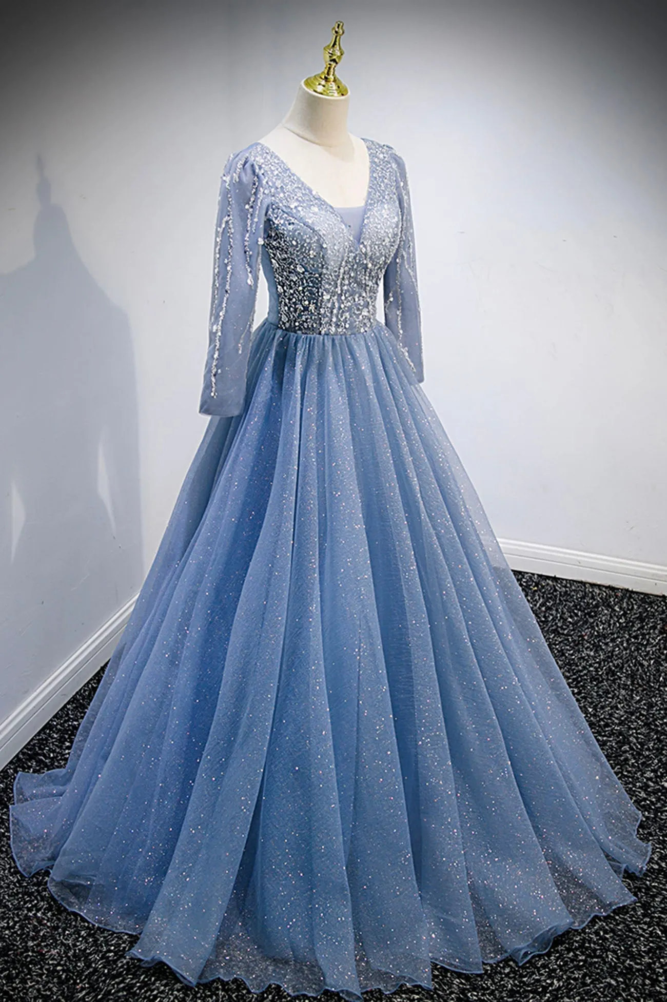 Blue V-Neck Tulle Beading Long Prom Dresses Long Sleeve Evening Dresses