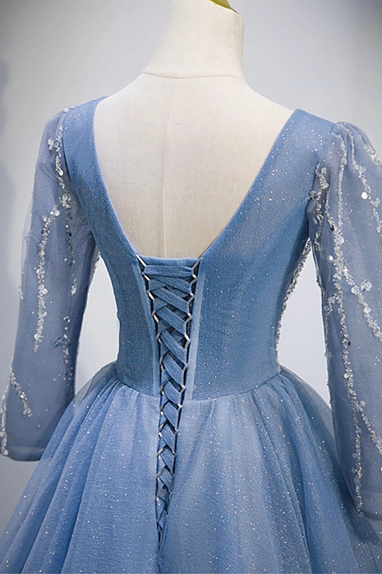 Blue V-Neck Tulle Beading Long Prom Dresses Long Sleeve Evening Dresses