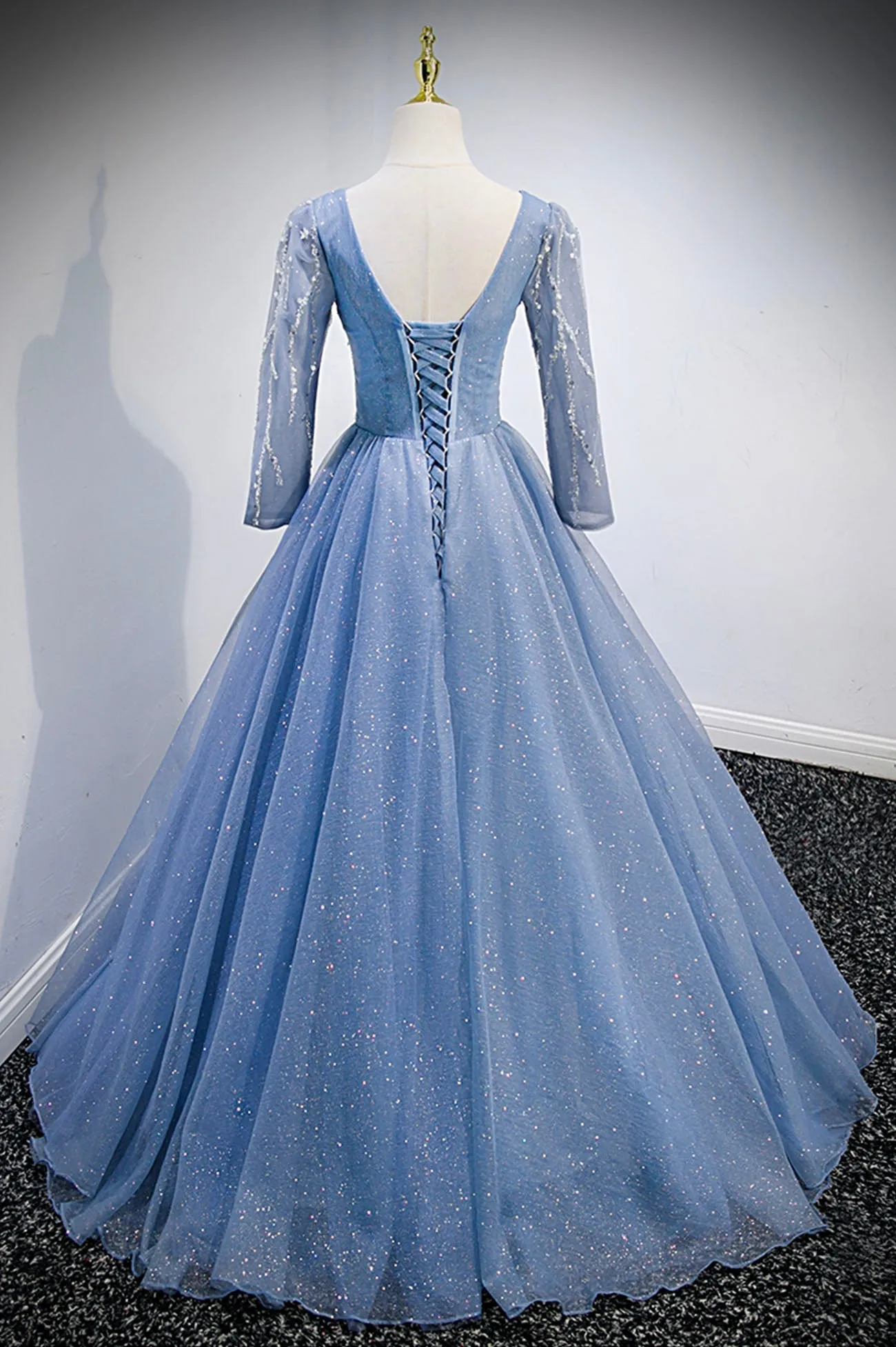 Blue V-Neck Tulle Beading Long Prom Dresses Long Sleeve Evening Dresses