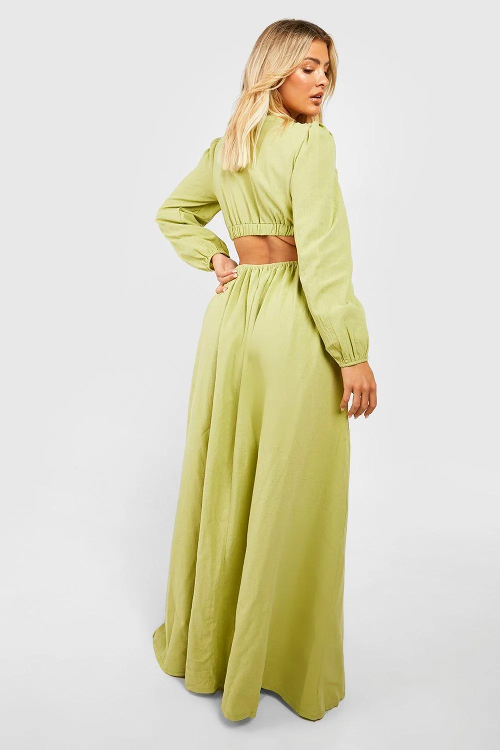 Boohoo Linen Cutout Maxi Dress, Lime