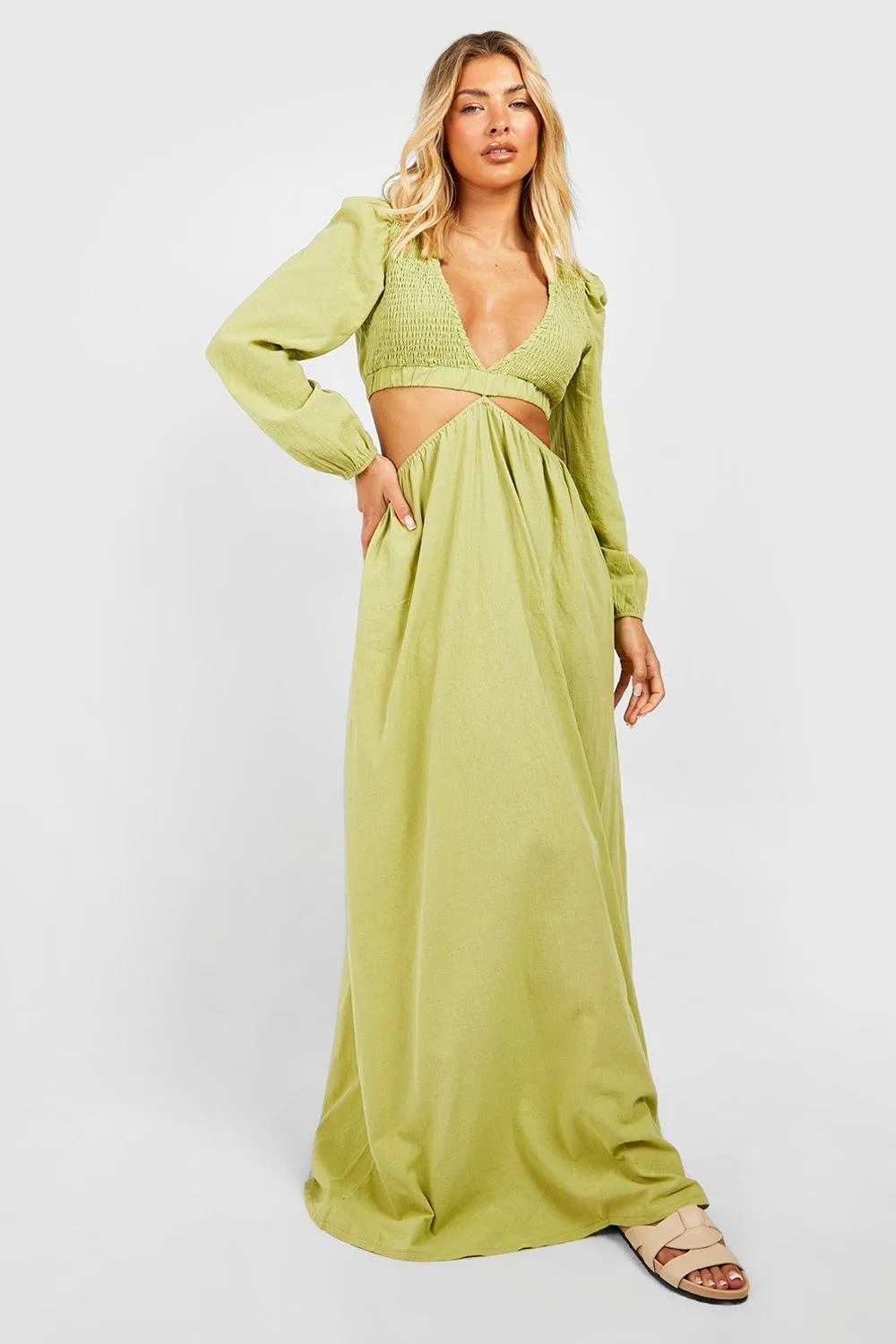 Boohoo Linen Cutout Maxi Dress, Lime