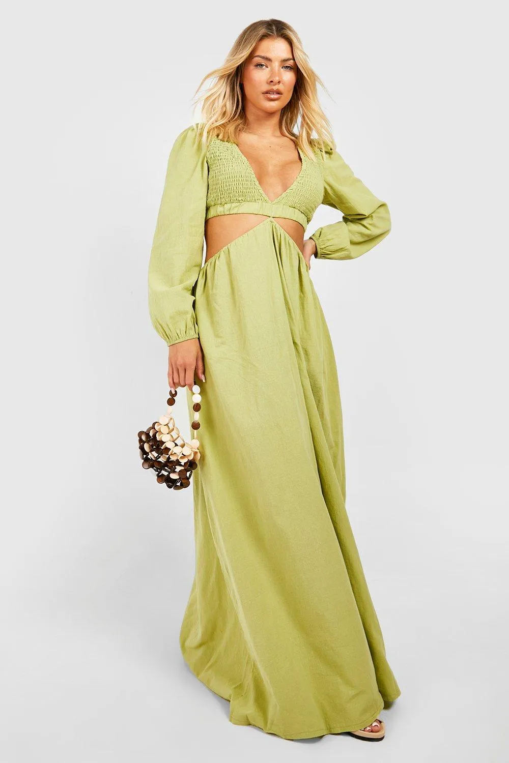 Boohoo Linen Cutout Maxi Dress, Lime