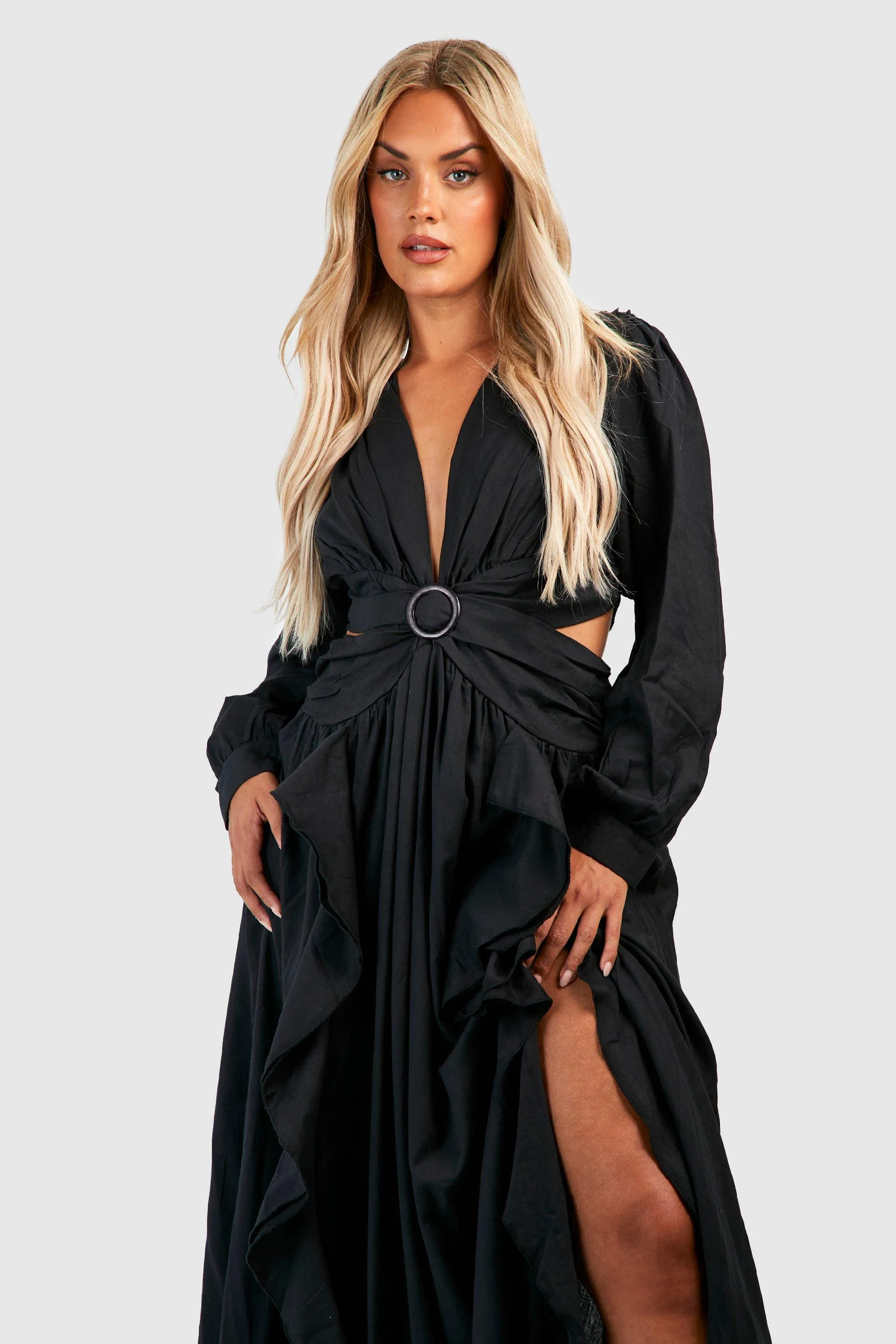 Boohoo Linen Cutout Ruffle Maxi Dress, Black