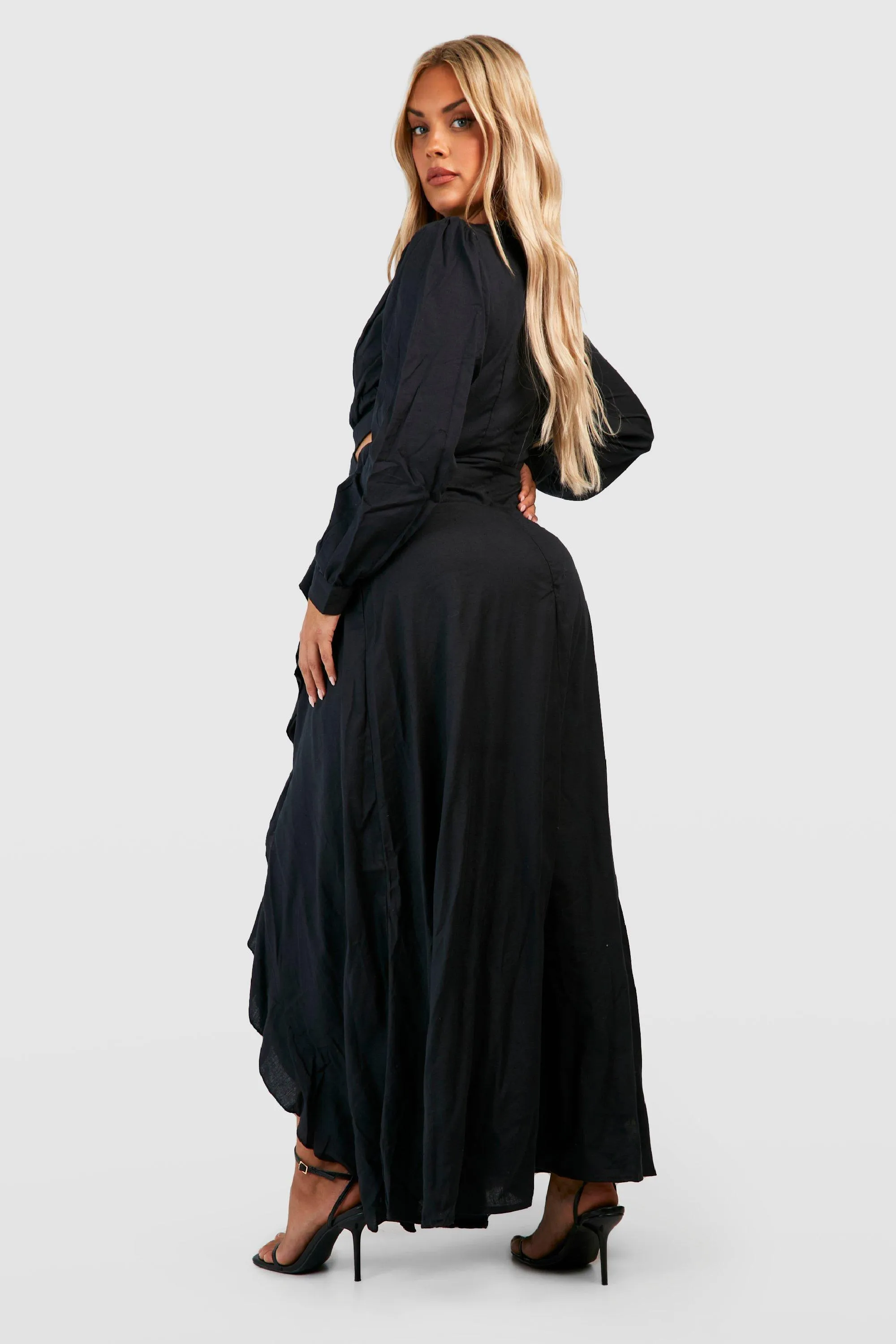 Boohoo Linen Cutout Ruffle Maxi Dress, Black
