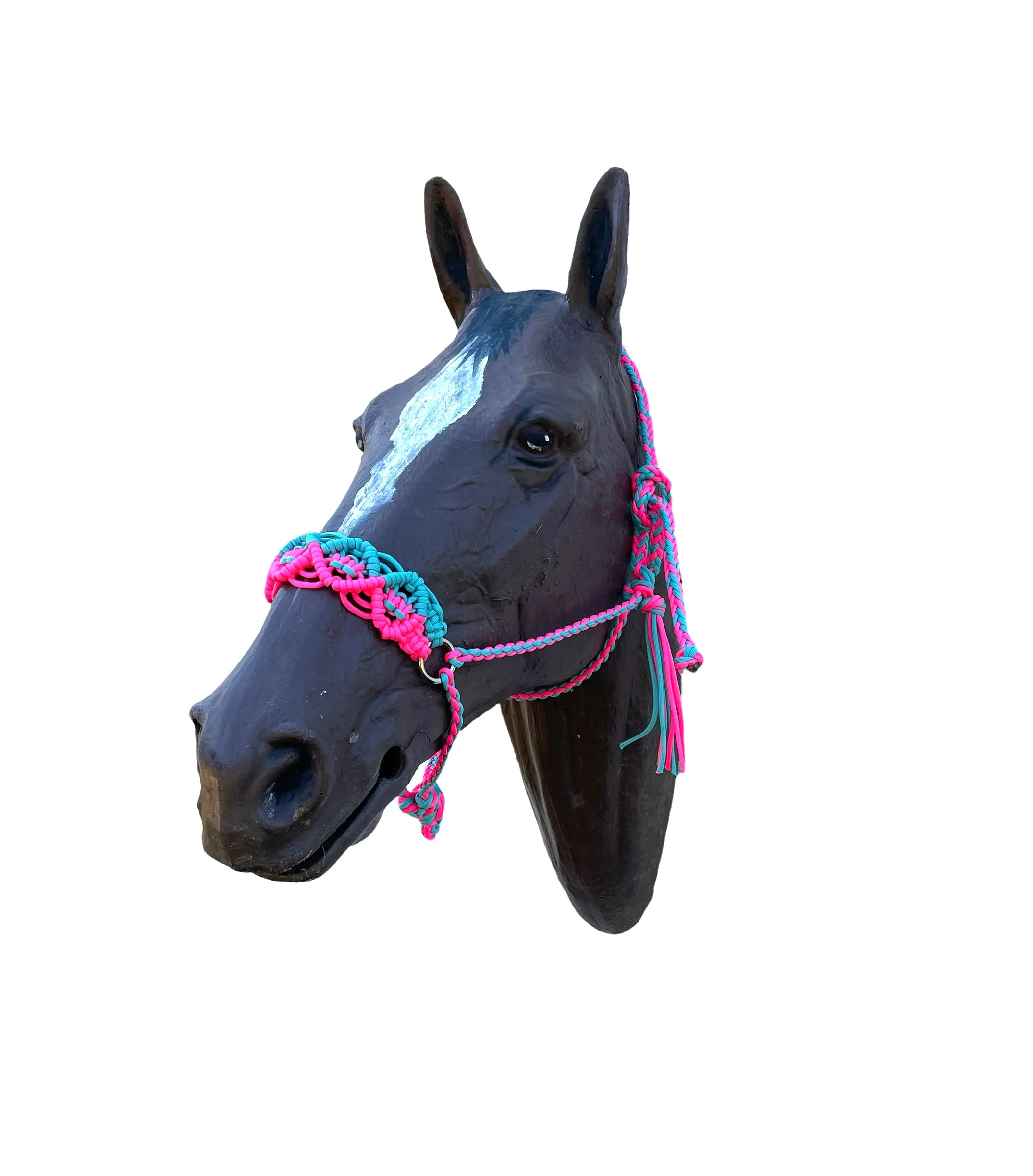 Braided horse halter with lead hot pink and light teal