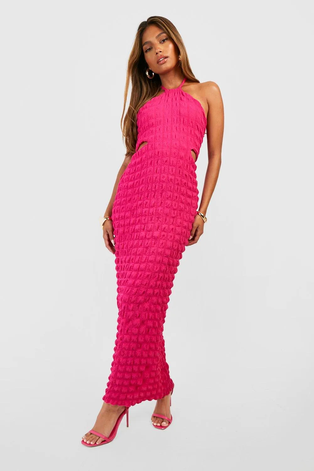 Bubble Boohoo halter maxi dress, pink