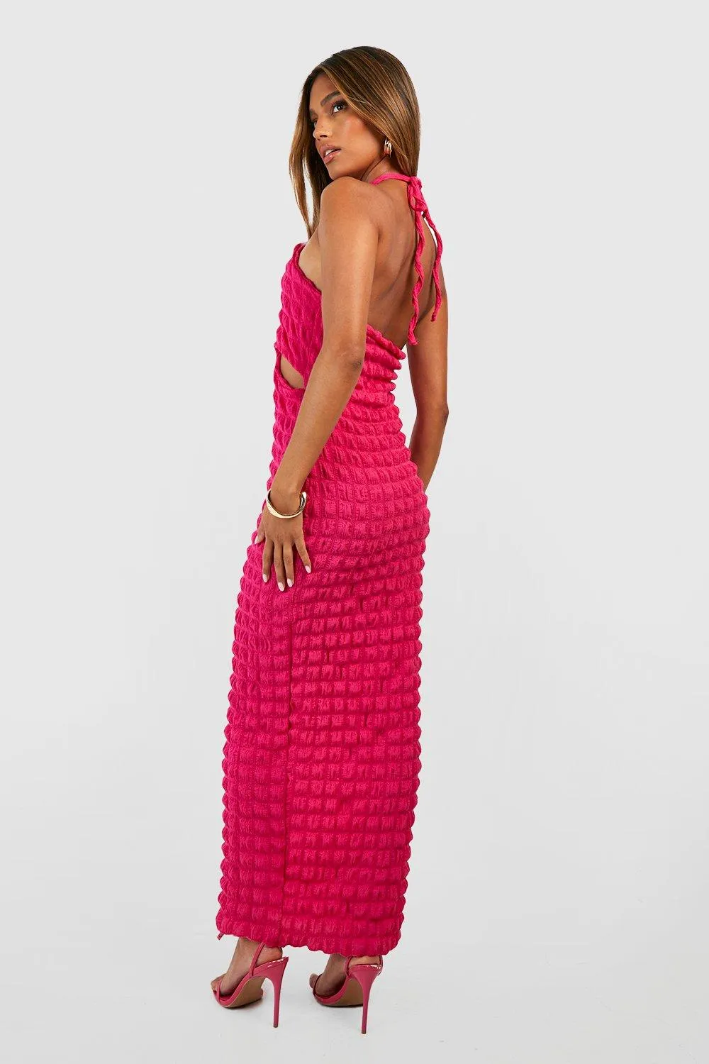 Bubble Boohoo halter maxi dress, pink