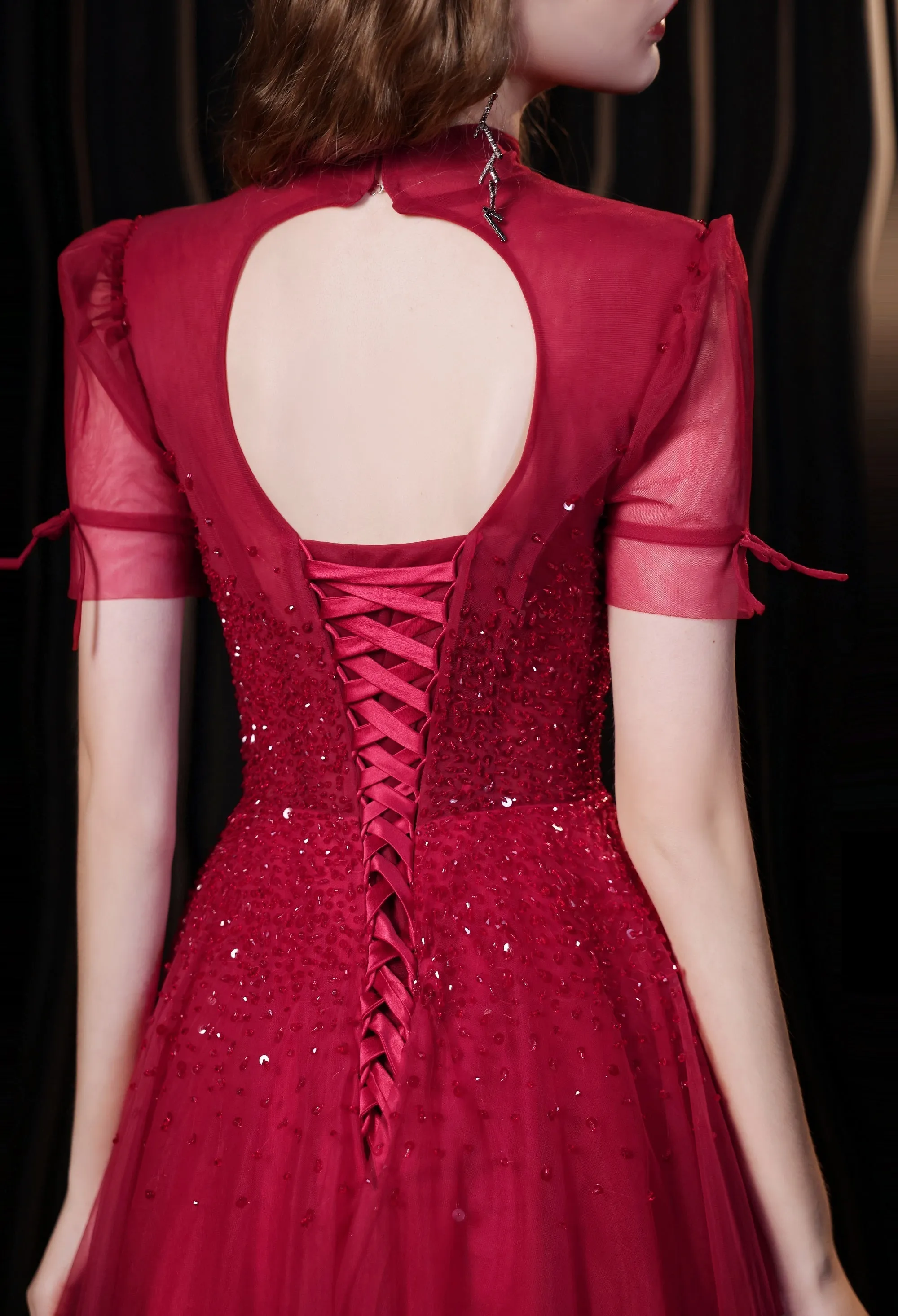Burgundy Prom Dresses, Tulle High Neck Cap Sleeve Backless Beading Prom Dress
