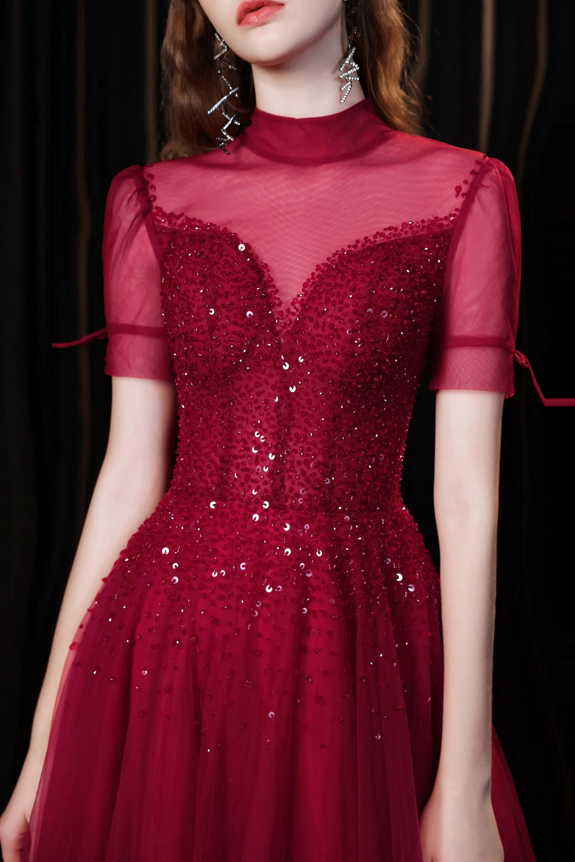 Burgundy Prom Dresses, Tulle High Neck Cap Sleeve Backless Beading Prom Dress