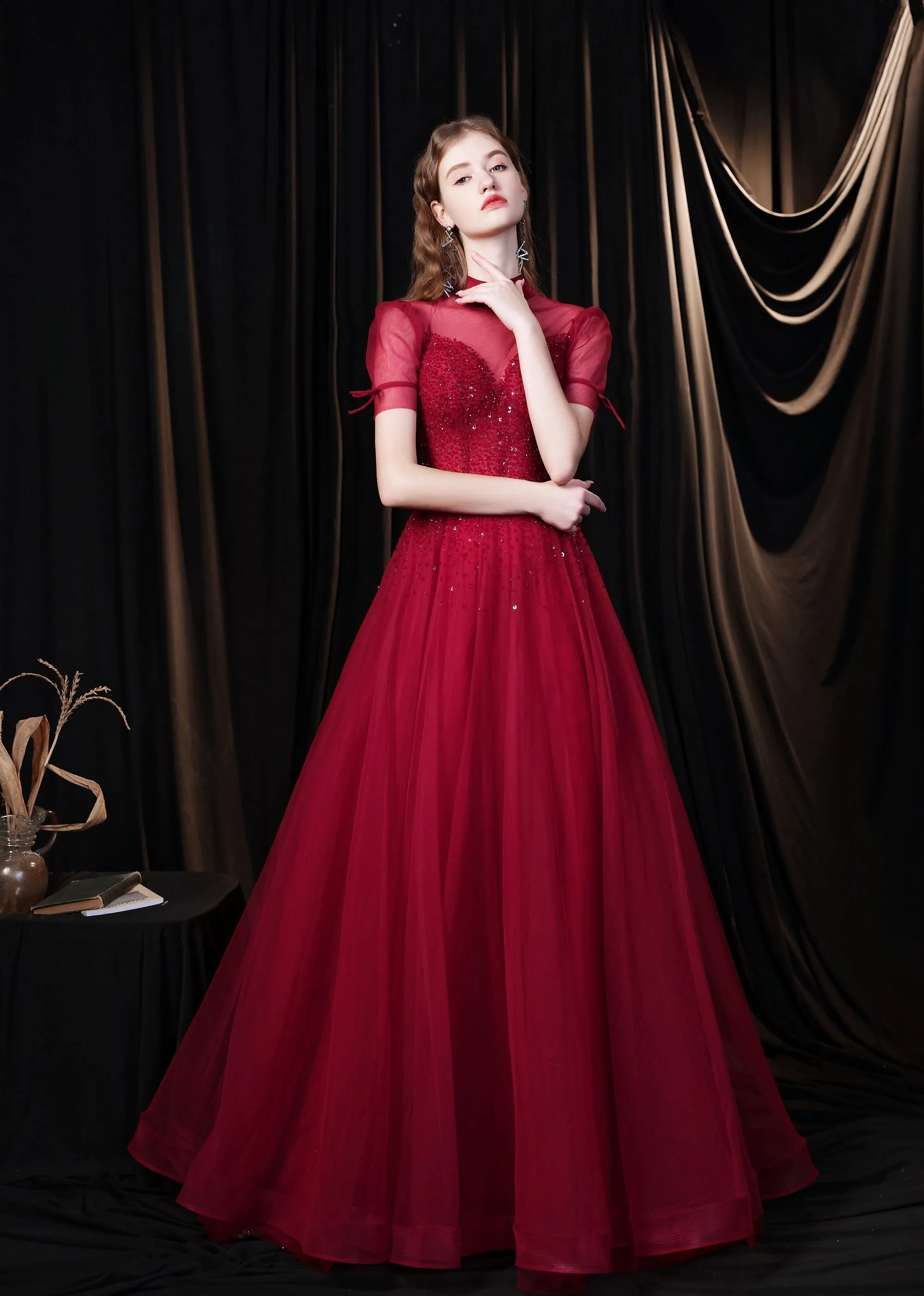 Burgundy Prom Dresses, Tulle High Neck Cap Sleeve Backless Beading Prom Dress