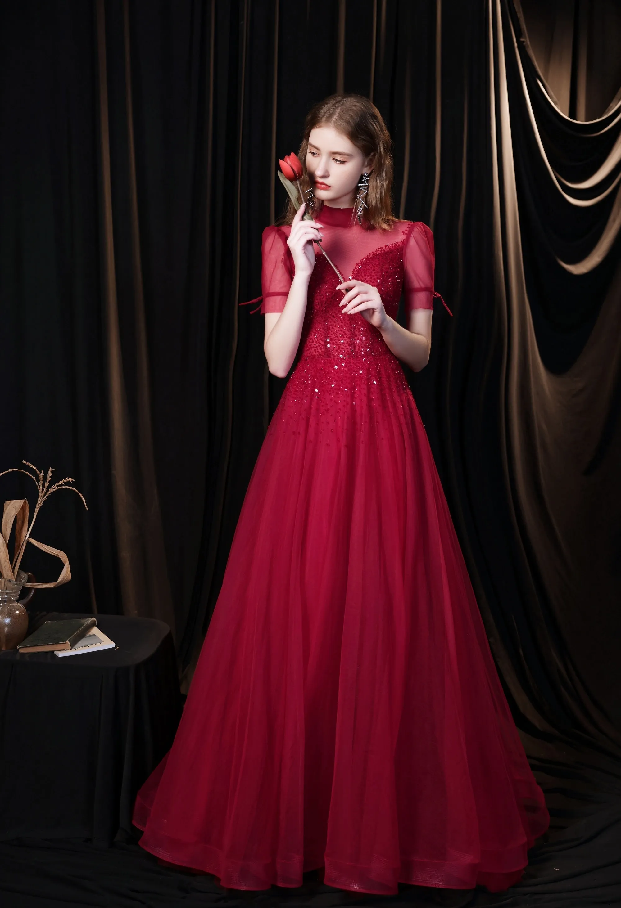 Burgundy Prom Dresses, Tulle High Neck Cap Sleeve Backless Beading Prom Dress