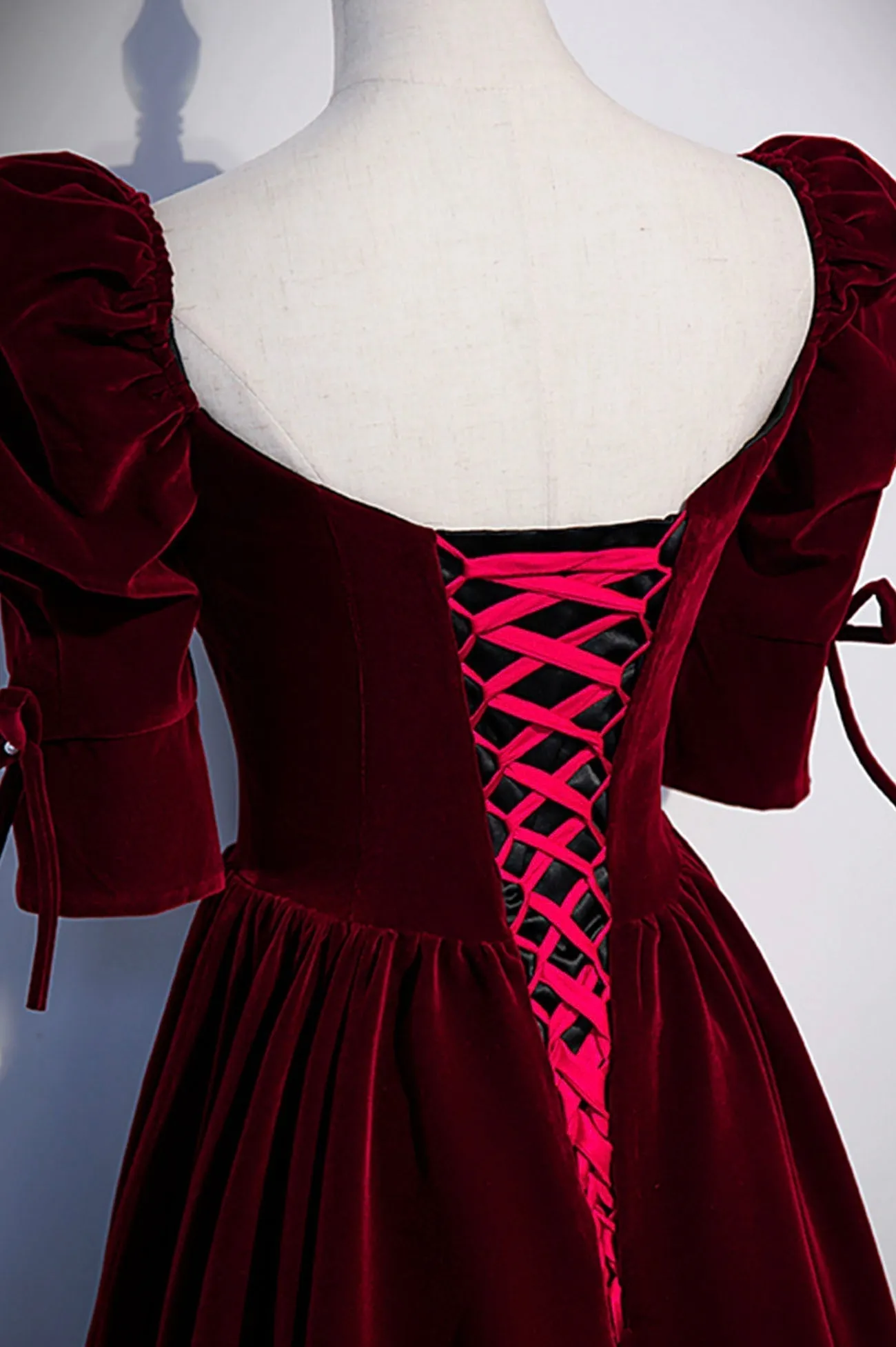 Burgundy Velvet Long Prom Dresses A-Line Short Sleeve Evening Dresses