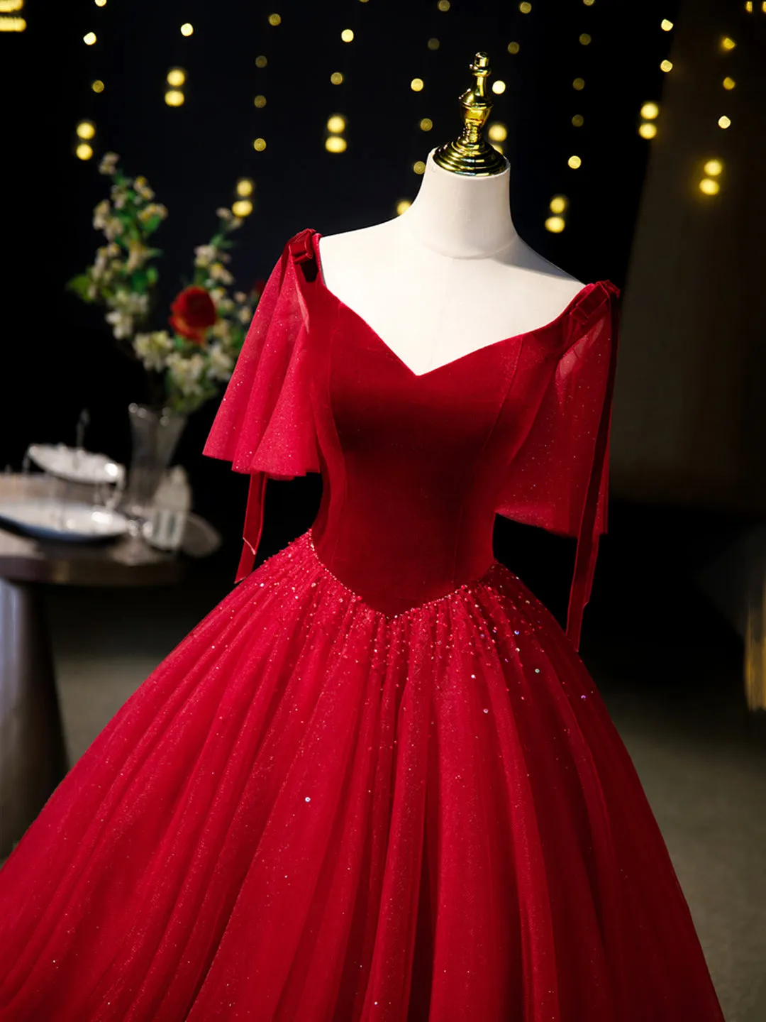 Burgundy Velvet Tulle Floor Length Formal Dress Burgundy A-Line Evening Party Dress