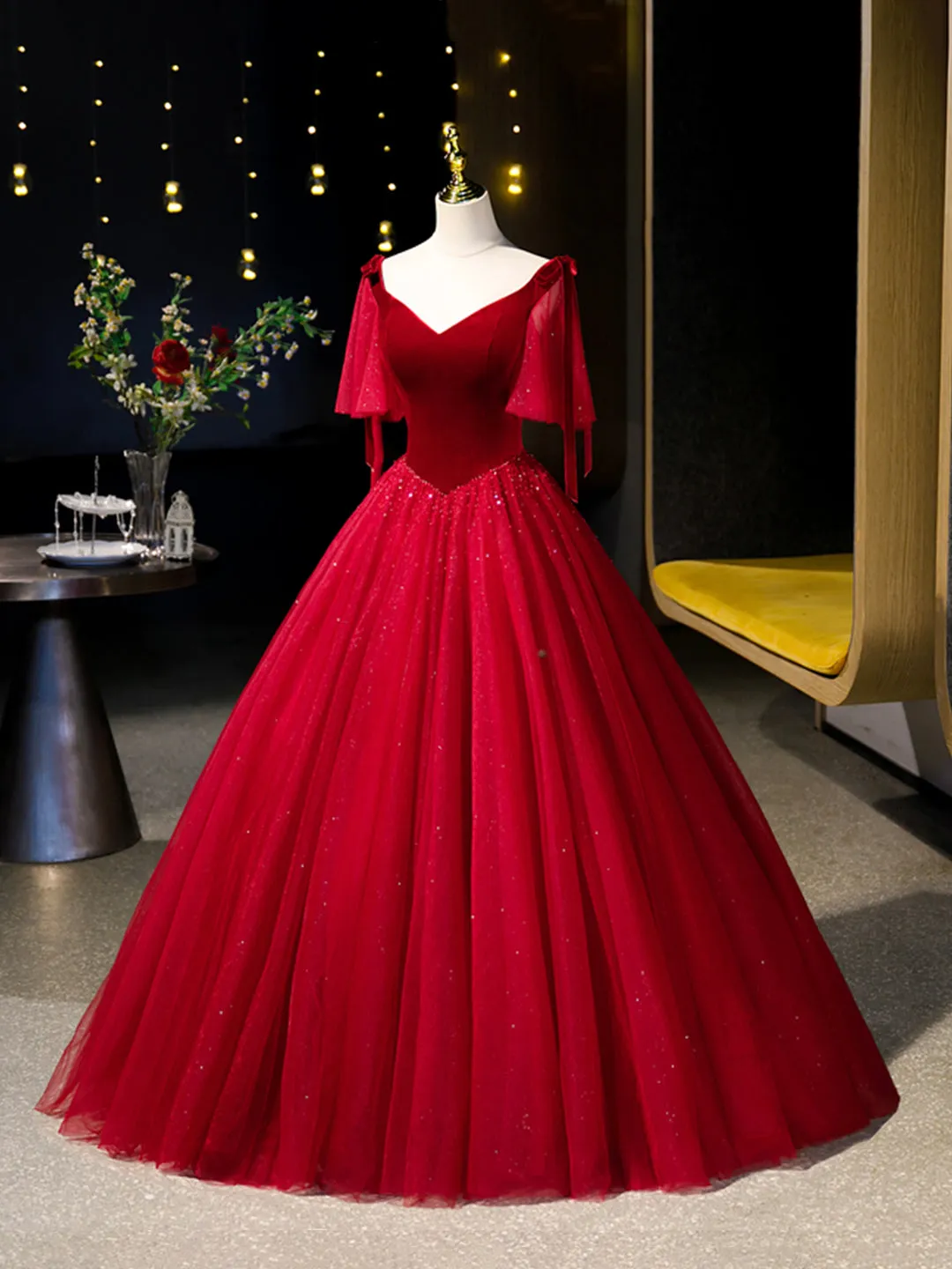 Burgundy Velvet Tulle Floor Length Formal Dress Burgundy A-Line Evening Party Dress