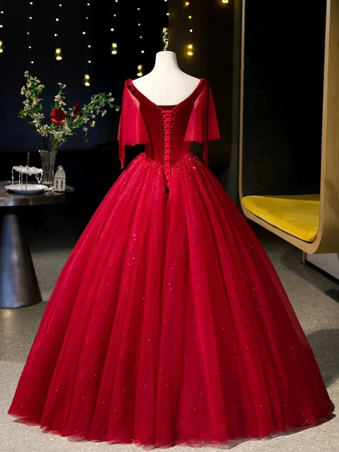 Burgundy Velvet Tulle Floor Length Formal Dress Burgundy A-Line Evening Party Dress