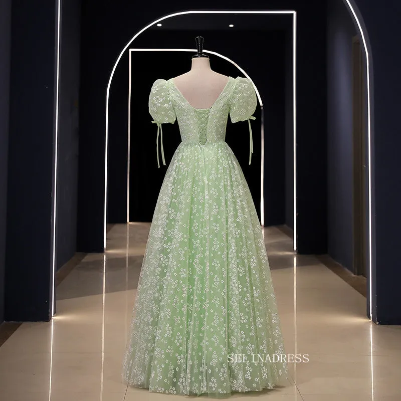 Chic Green Ball Gown Prom Dress Puff Sleeve Elegant Princess Dress Evening Dress #kop121