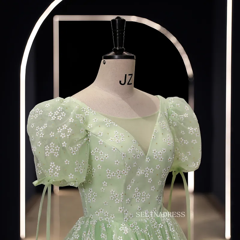Chic Green Ball Gown Prom Dress Puff Sleeve Elegant Princess Dress Evening Dress #kop121