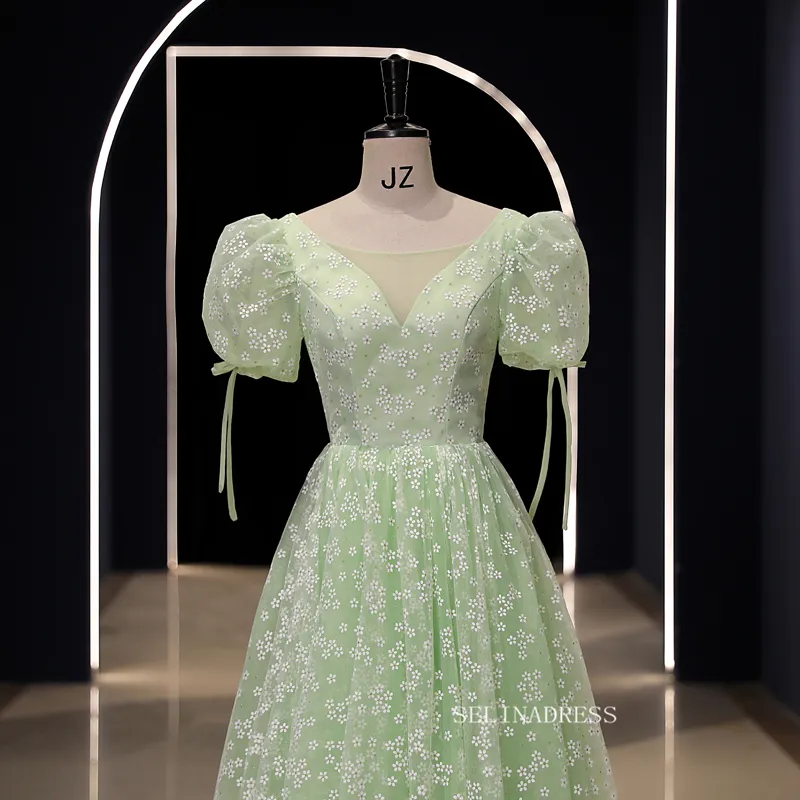 Chic Green Ball Gown Prom Dress Puff Sleeve Elegant Princess Dress Evening Dress #kop121