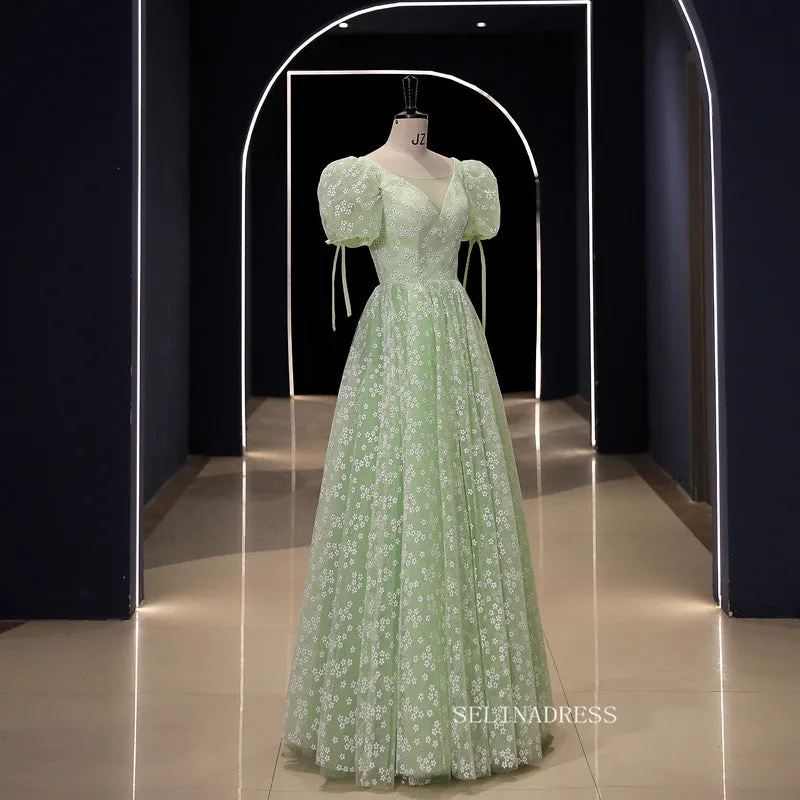 Chic Green Ball Gown Prom Dress Puff Sleeve Elegant Princess Dress Evening Dress #kop121