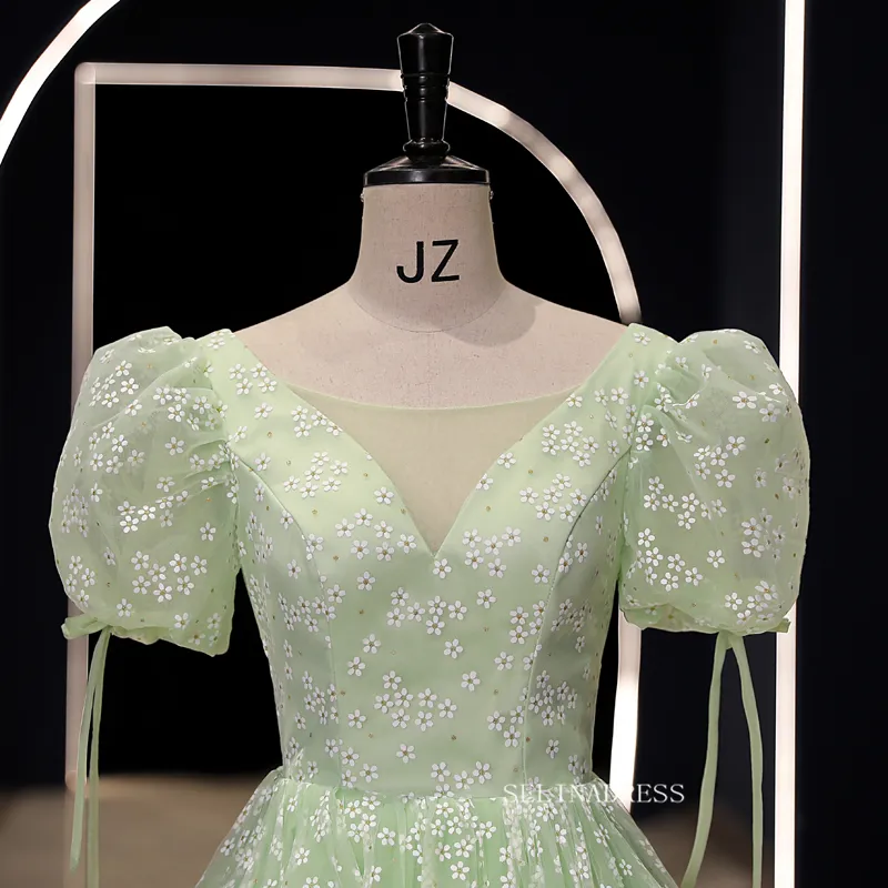 Chic Green Ball Gown Prom Dress Puff Sleeve Elegant Princess Dress Evening Dress #kop121