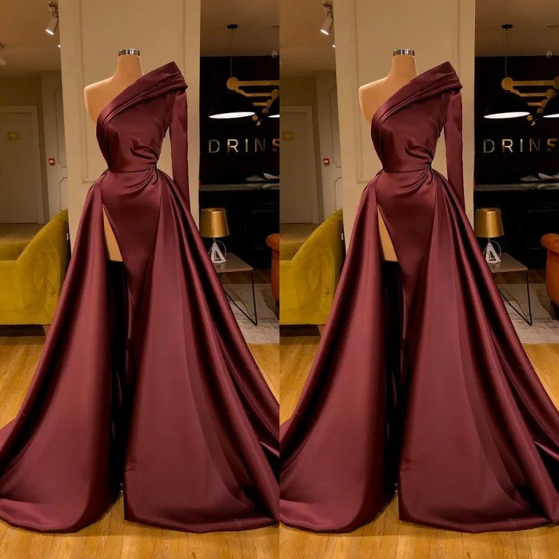 Chic Long Sleeve One Sleeve Evening Dress With Split On Sale