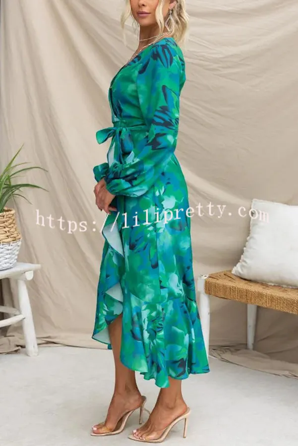 Colour Bloom Floral Print Wrap Belt High Low Maxi Dress